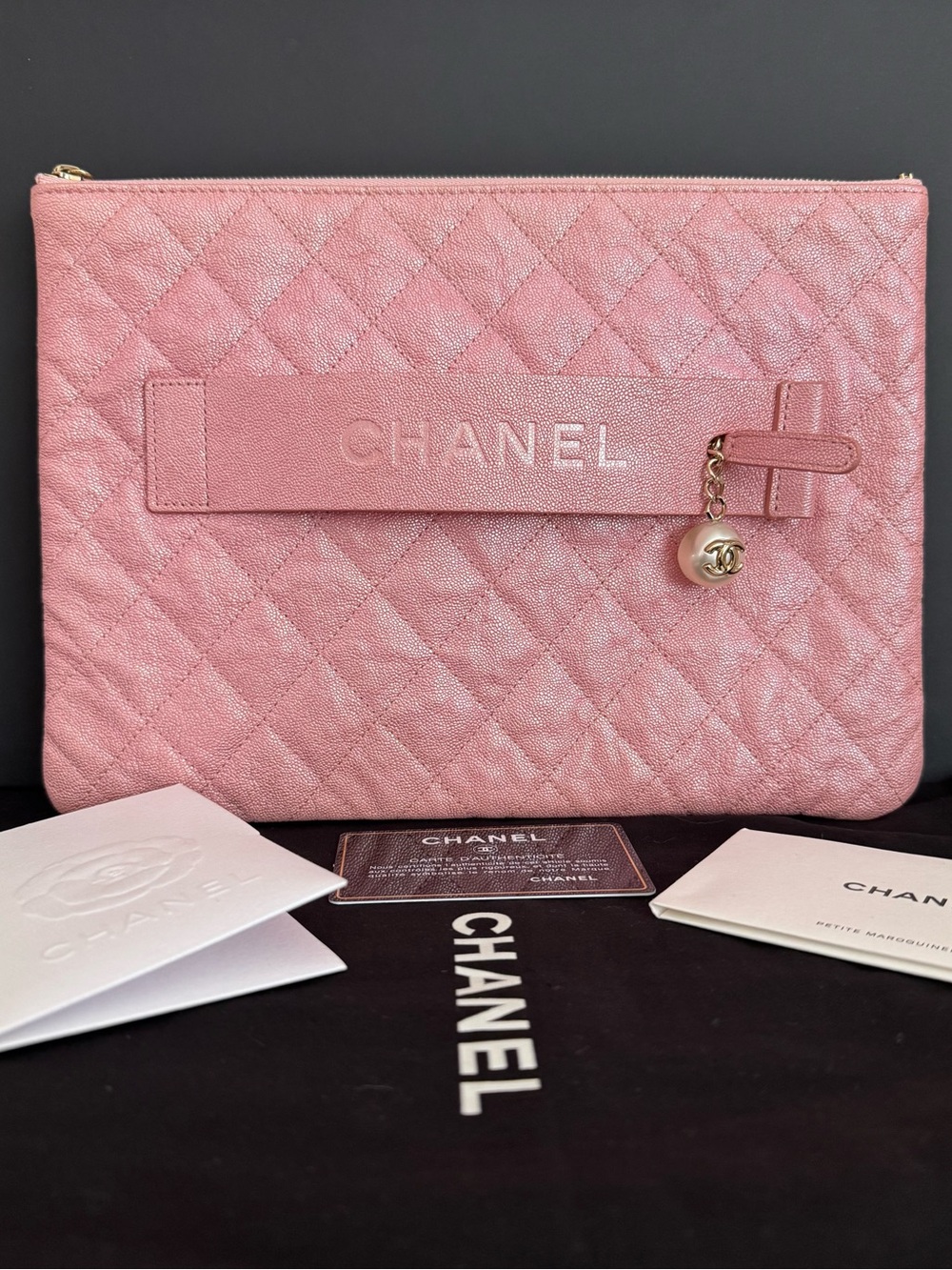 CHANEL Limited Edition Night By The C  Iridescent Caviar Quilted Leather Clutch